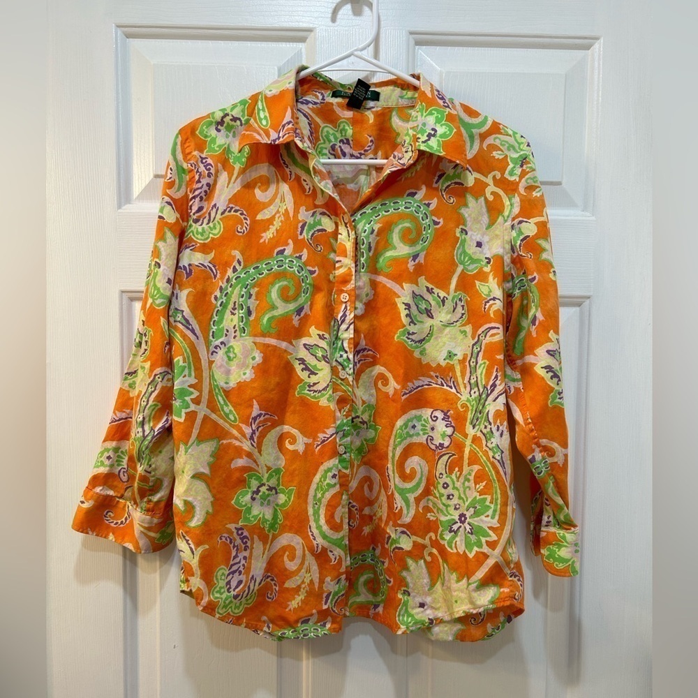 Lauren Ralph Lauren Orange Floral Blouse Cotton‎ Button Up Collared Sz L Preppy